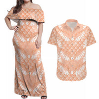 Apricot Mermaid Puakenikeni Maile Lei Couples Matching Off Shoulder Maxi Dress and Hawaiian Shirt