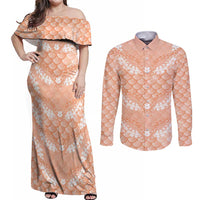 Apricot Mermaid Puakenikeni Maile Lei Couples Matching Off Shoulder Maxi Dress and Long Sleeve Button Shirt