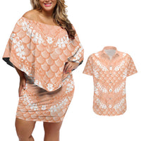 Apricot Mermaid Puakenikeni Maile Lei Couples Matching Off Shoulder Short Dress and Hawaiian Shirt