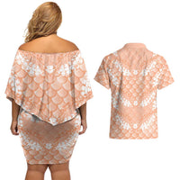 Apricot Mermaid Puakenikeni Maile Lei Couples Matching Off Shoulder Short Dress and Hawaiian Shirt