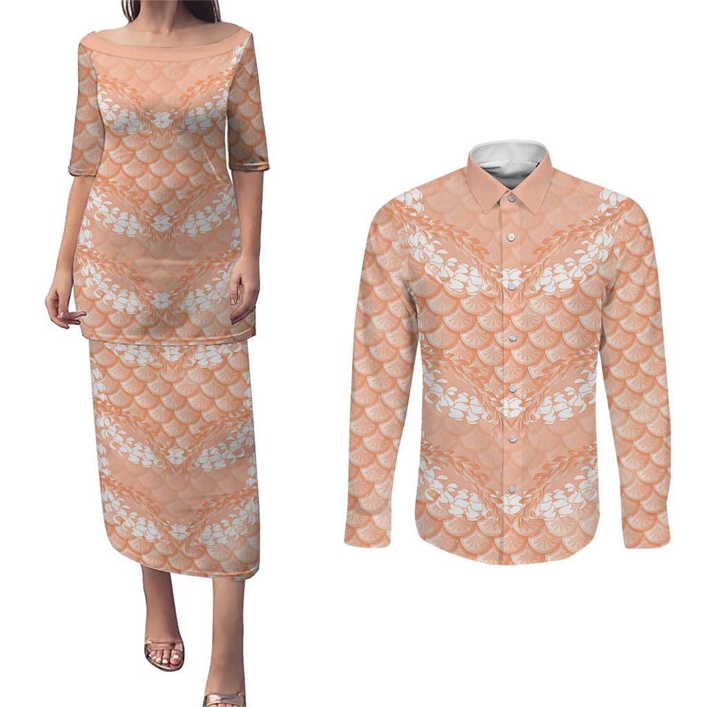 Apricot Mermaid Puakenikeni Maile Lei Couples Matching Puletasi and Long Sleeve Button Shirt
