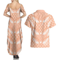 Apricot Mermaid Puakenikeni Maile Lei Couples Matching Summer Maxi Dress and Hawaiian Shirt