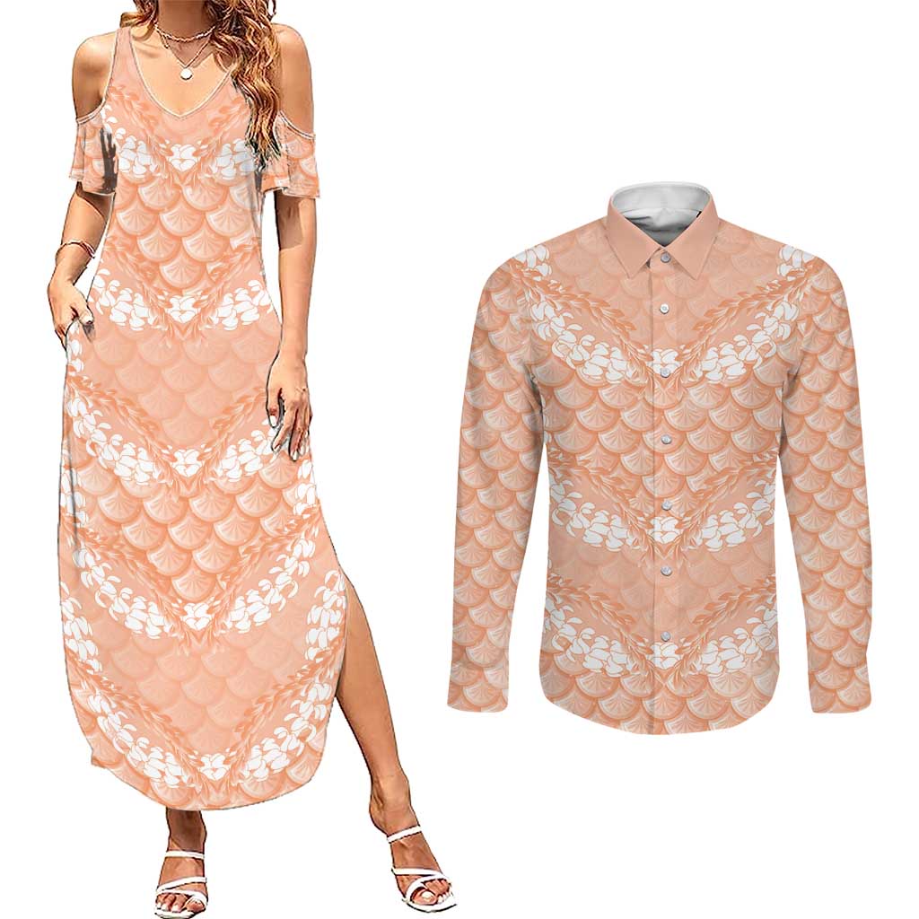 Apricot Mermaid Puakenikeni Maile Lei Couples Matching Summer Maxi Dress and Long Sleeve Button Shirt