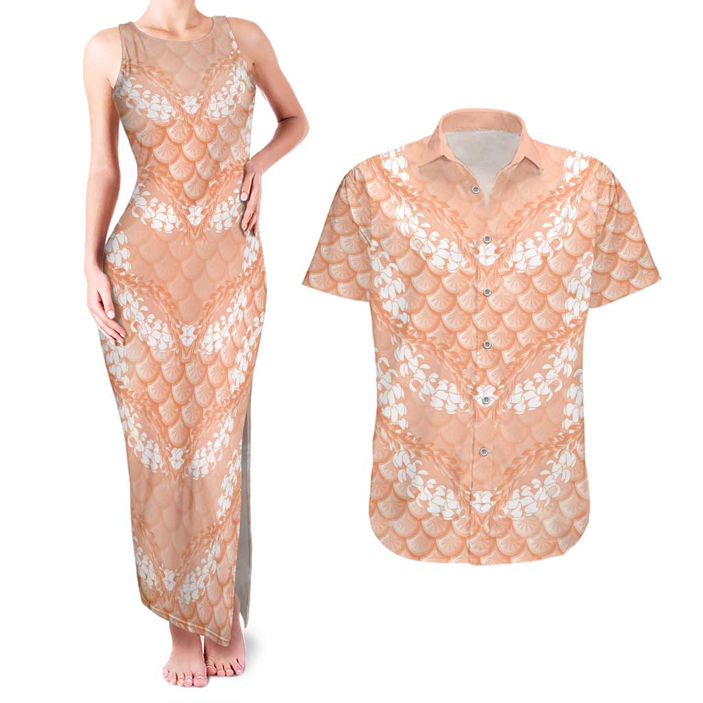 Apricot Mermaid Puakenikeni Maile Lei Couples Matching Tank Maxi Dress and Hawaiian Shirt