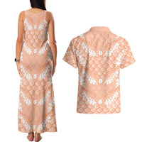 Apricot Mermaid Puakenikeni Maile Lei Couples Matching Tank Maxi Dress and Hawaiian Shirt