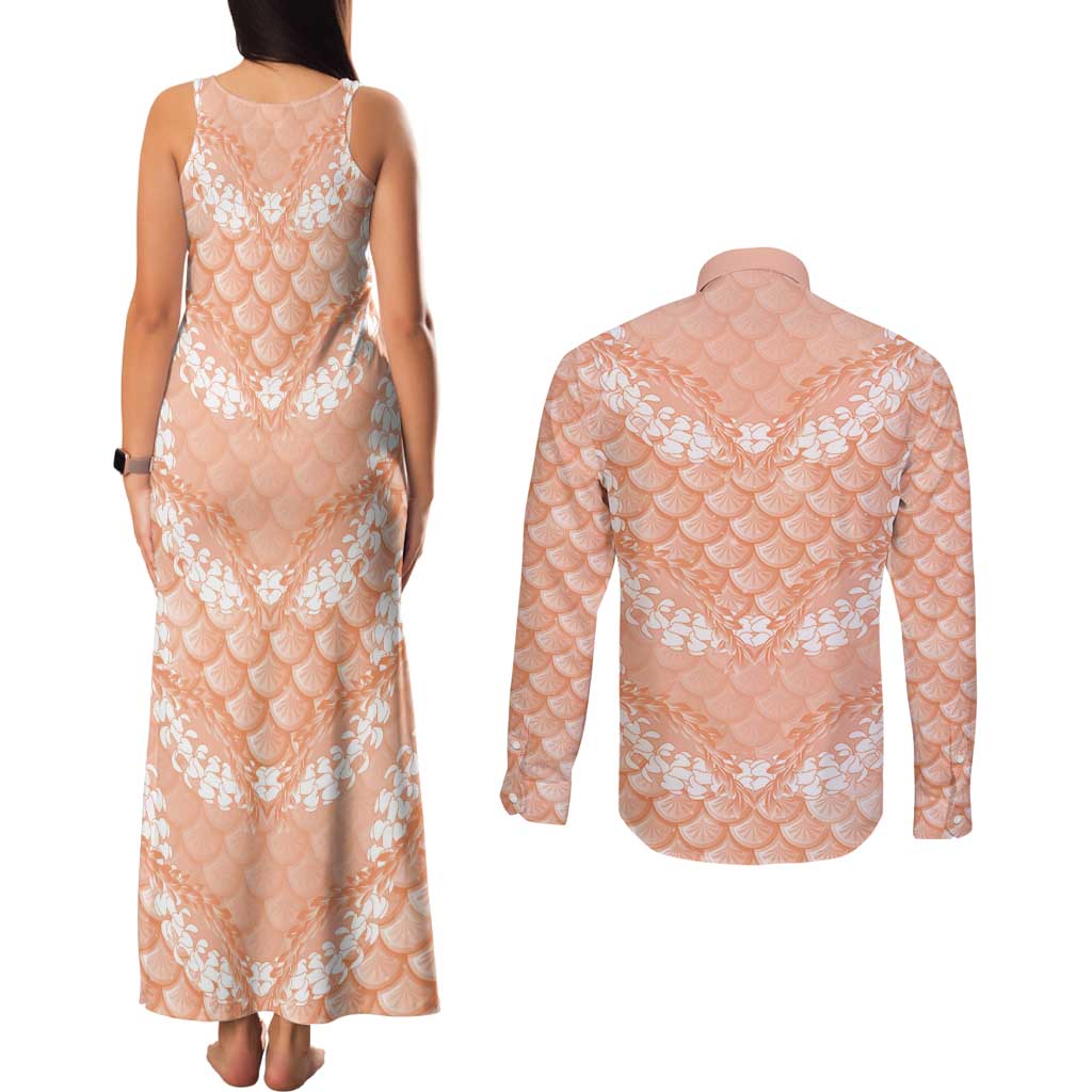 Apricot Mermaid Puakenikeni Maile Lei Couples Matching Tank Maxi Dress and Long Sleeve Button Shirt