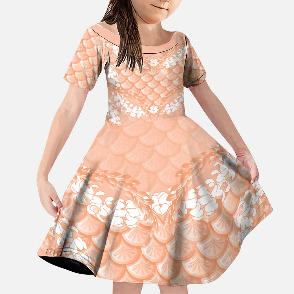 Apricot Mermaid Puakenikeni Maile Lei Family Matching Long Sleeve Bodycon Dress and Hawaiian Shirt LT01 Daughter's Dress Apricot - Polynesian Pride