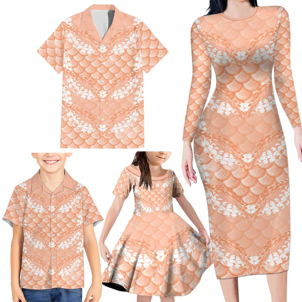 Apricot Mermaid Puakenikeni Maile Lei Family Matching Long Sleeve Bodycon Dress and Hawaiian Shirt LT01 - Polynesian Pride