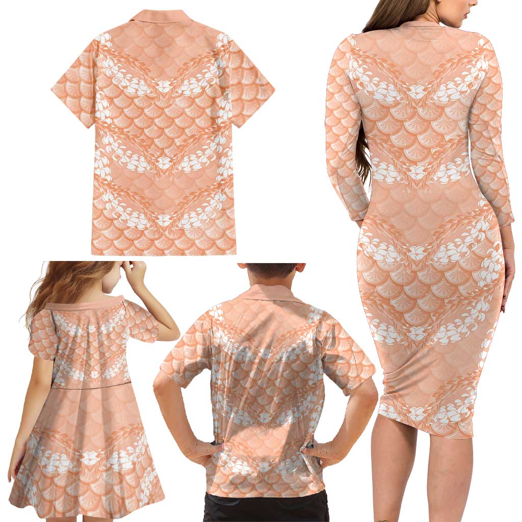 Apricot Mermaid Puakenikeni Maile Lei Family Matching Long Sleeve Bodycon Dress and Hawaiian Shirt LT01 - Polynesian Pride