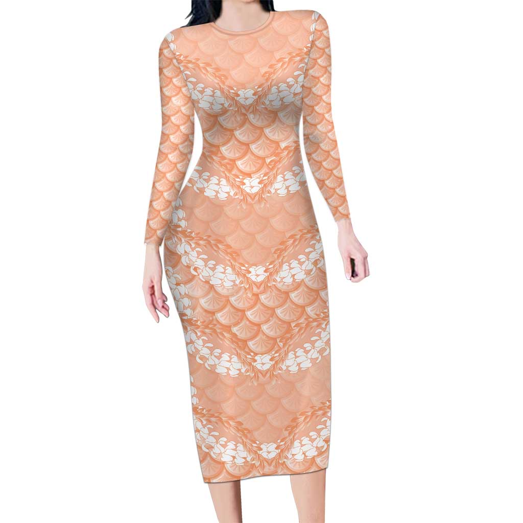 Apricot Mermaid Puakenikeni Maile Lei Family Matching Long Sleeve Bodycon Dress and Hawaiian Shirt LT01 Mom's Dress Apricot - Polynesian Pride