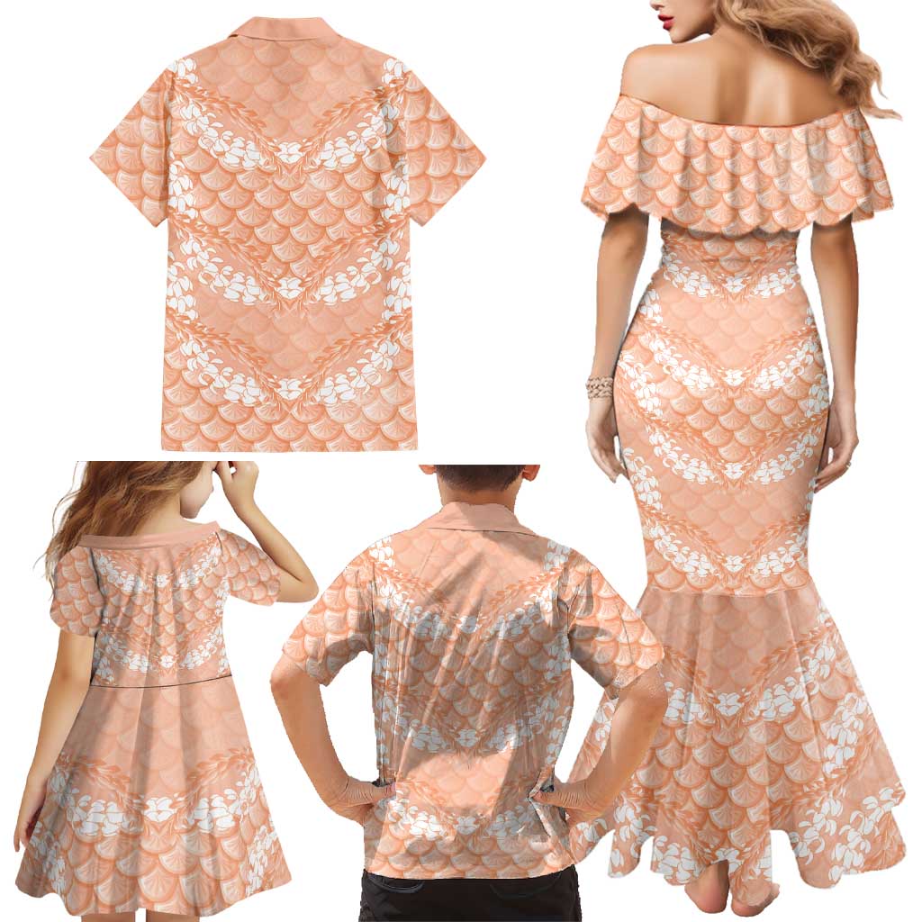 Apricot Mermaid Puakenikeni Maile Lei Family Matching Mermaid Dress and Hawaiian Shirt