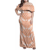 Apricot Mermaid Puakenikeni Maile Lei Family Matching Off Shoulder Maxi Dress and Hawaiian Shirt