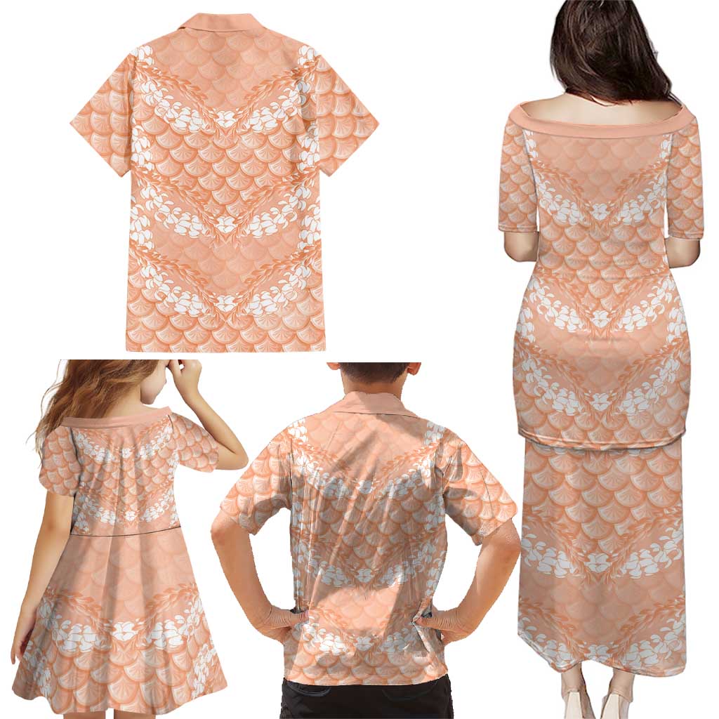 Apricot Mermaid Puakenikeni Maile Lei Family Matching Puletasi and Hawaiian Shirt