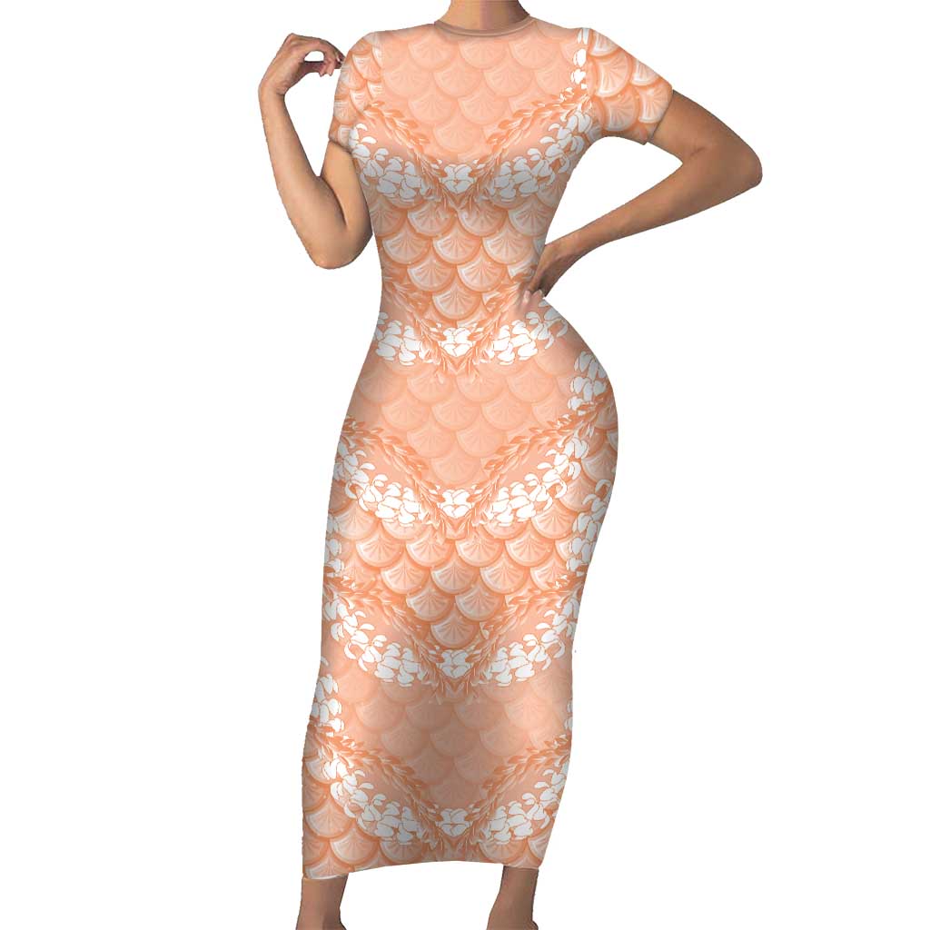 Apricot Mermaid Puakenikeni Maile Lei Family Matching Short Sleeve Bodycon Dress and Hawaiian Shirt