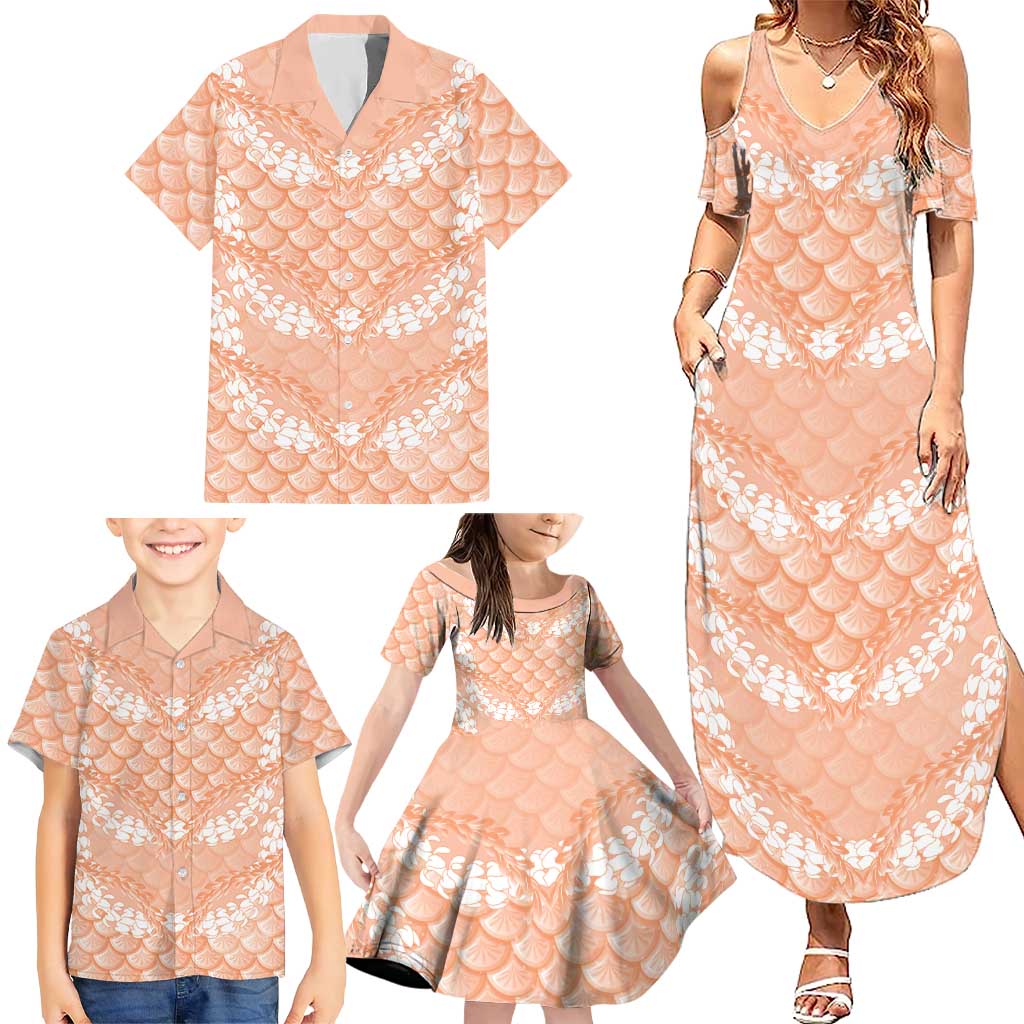 Apricot Mermaid Puakenikeni Maile Lei Family Matching Summer Maxi Dress and Hawaiian Shirt