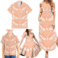 Apricot Mermaid Puakenikeni Maile Lei Family Matching Summer Maxi Dress and Hawaiian Shirt
