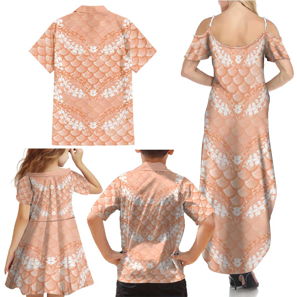 Apricot Mermaid Puakenikeni Maile Lei Family Matching Summer Maxi Dress and Hawaiian Shirt