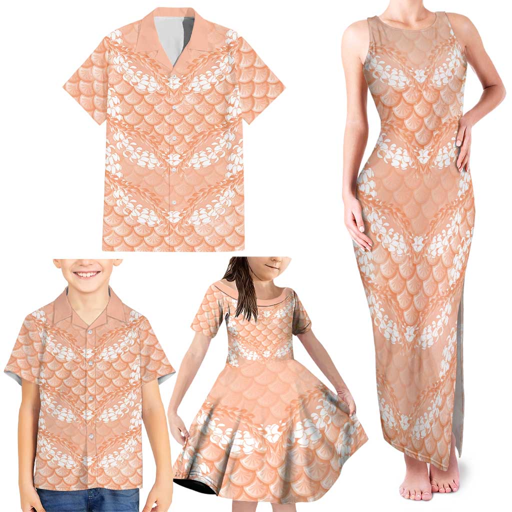 Apricot Mermaid Puakenikeni Maile Lei Family Matching Tank Maxi Dress and Hawaiian Shirt