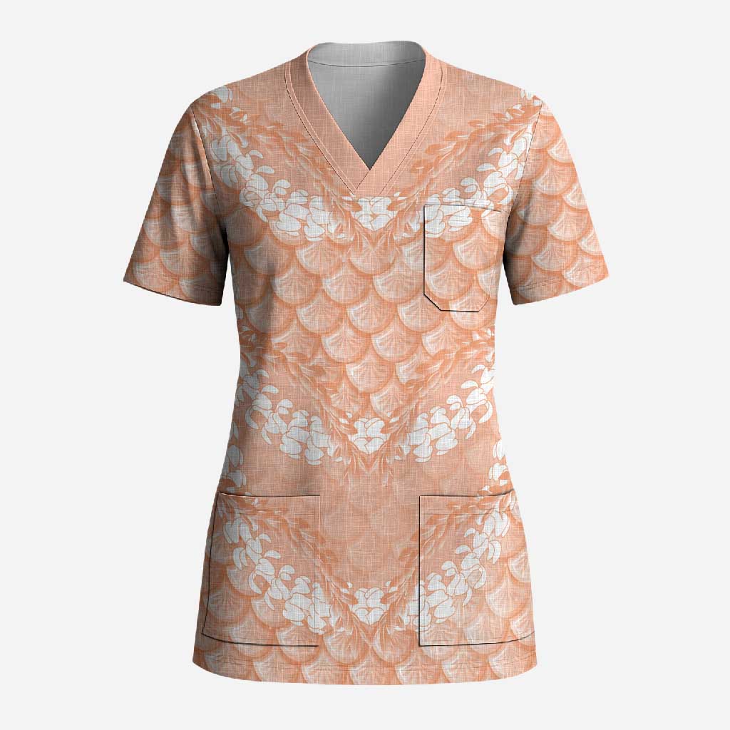 Apricot Mermaid Puakenikeni Maile Lei Scrub Top