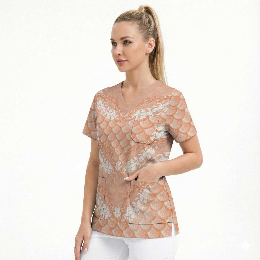 Apricot Mermaid Puakenikeni Maile Lei Scrub Top