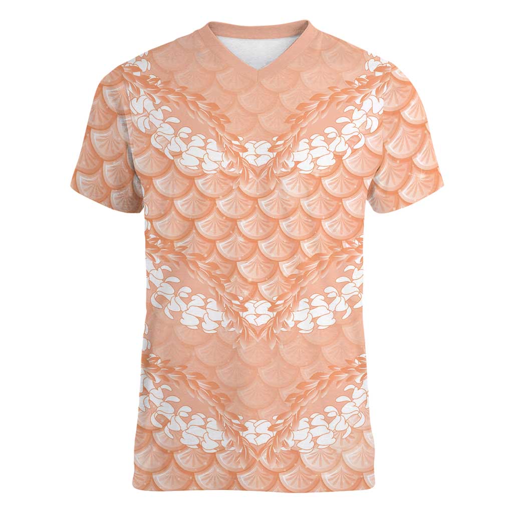 Apricot Mermaid Puakenikeni Maile Lei Women V-Neck T-Shirt