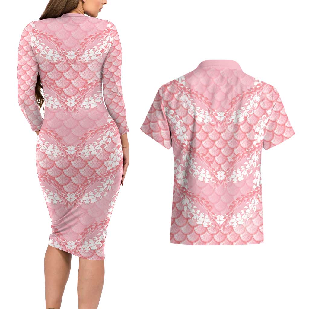 Soft Pink Mermaid Puakenikeni Maile Lei Couples Matching Long Sleeve Bodycon Dress and Hawaiian Shirt