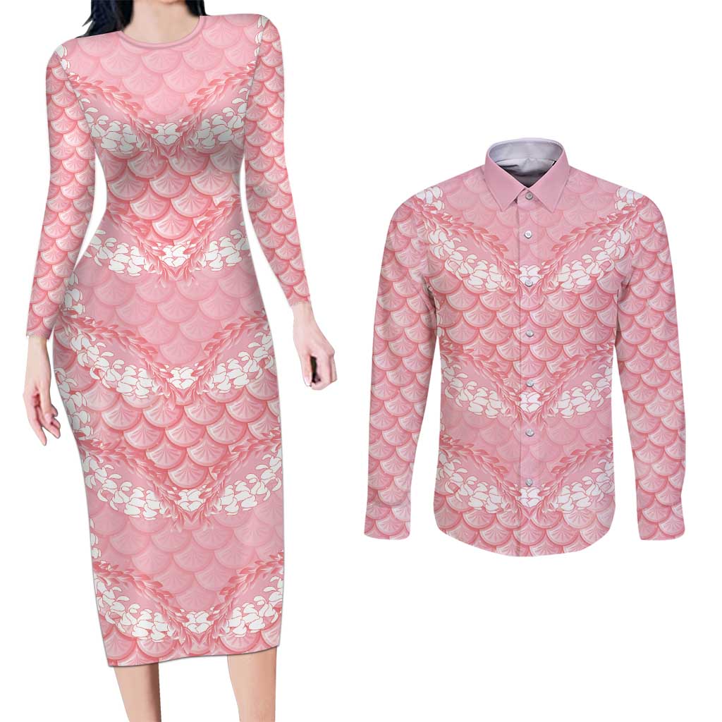 Soft Pink Mermaid Puakenikeni Maile Lei Couples Matching Long Sleeve Bodycon Dress and Long Sleeve Button Shirt