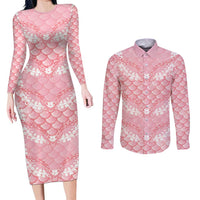 Soft Pink Mermaid Puakenikeni Maile Lei Couples Matching Long Sleeve Bodycon Dress and Long Sleeve Button Shirt