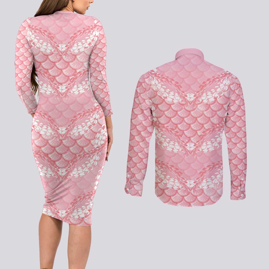 Soft Pink Mermaid Puakenikeni Maile Lei Couples Matching Long Sleeve Bodycon Dress and Long Sleeve Button Shirt