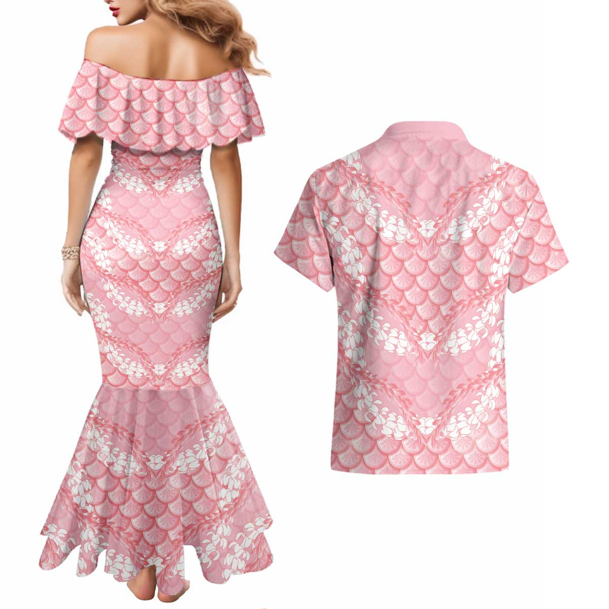 Soft Pink Mermaid Puakenikeni Maile Lei Couples Matching Mermaid Dress and Hawaiian Shirt
