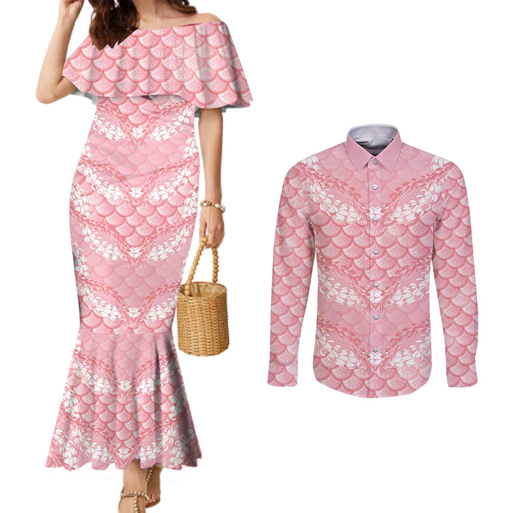 Soft Pink Mermaid Puakenikeni Maile Lei Couples Matching Mermaid Dress and Long Sleeve Button Shirt