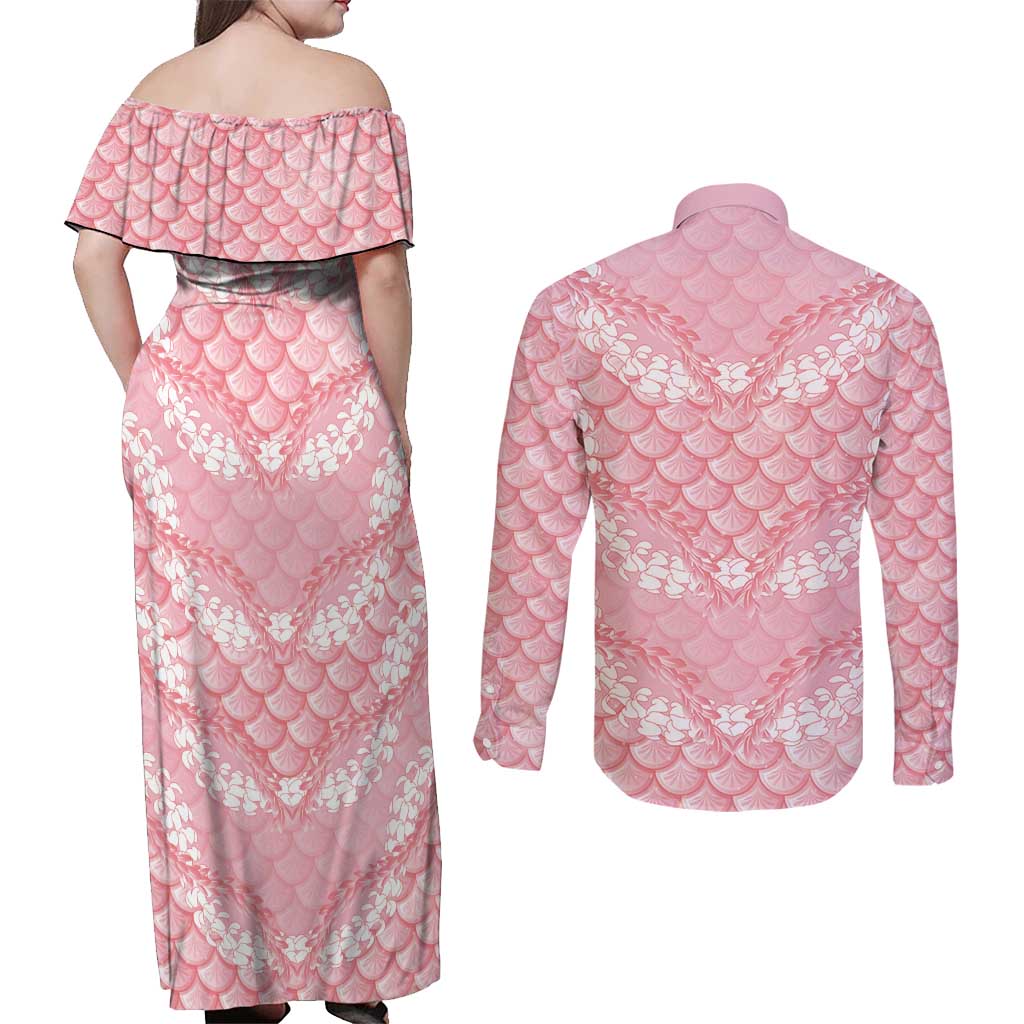 Soft Pink Mermaid Puakenikeni Maile Lei Couples Matching Off Shoulder Maxi Dress and Long Sleeve Button Shirt