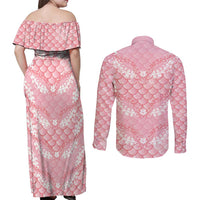 Soft Pink Mermaid Puakenikeni Maile Lei Couples Matching Off Shoulder Maxi Dress and Long Sleeve Button Shirt