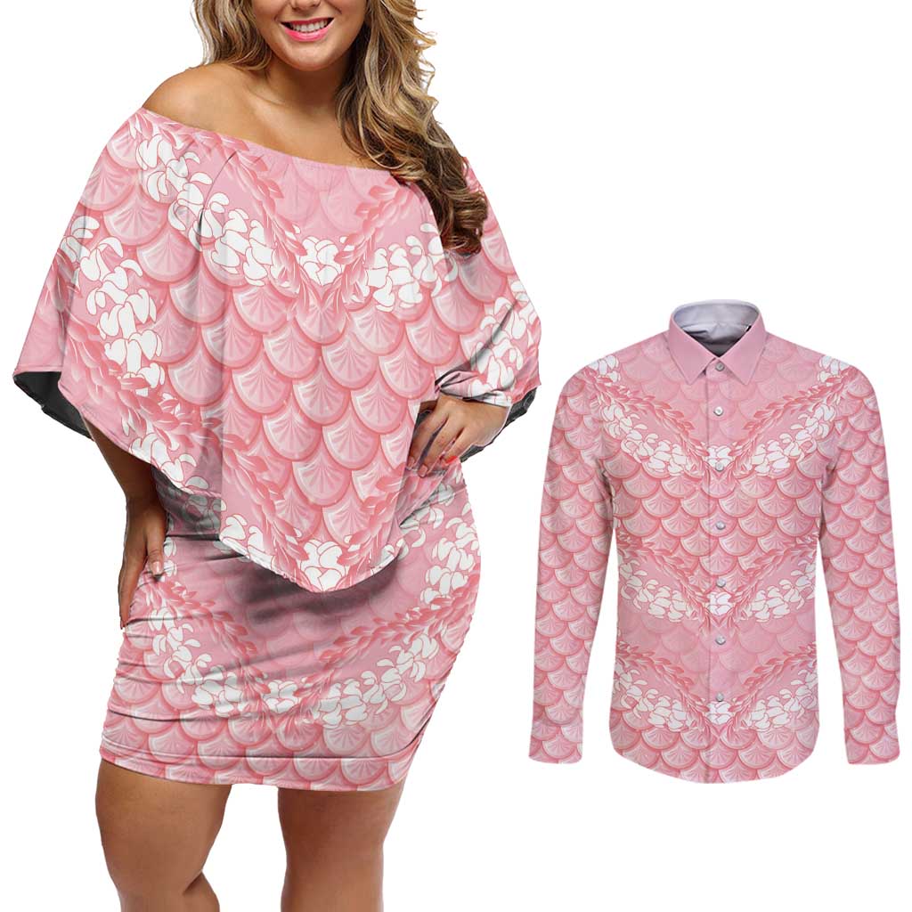 Soft Pink Mermaid Puakenikeni Maile Lei Couples Matching Off Shoulder Short Dress and Long Sleeve Button Shirt