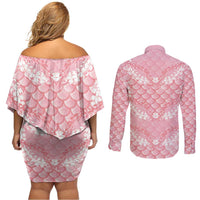 Soft Pink Mermaid Puakenikeni Maile Lei Couples Matching Off Shoulder Short Dress and Long Sleeve Button Shirt
