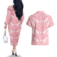 Soft Pink Mermaid Puakenikeni Maile Lei Couples Matching Off The Shoulder Long Sleeve Dress and Hawaiian Shirt