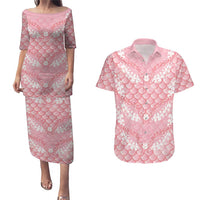 Soft Pink Mermaid Puakenikeni Maile Lei Couples Matching Puletasi and Hawaiian Shirt