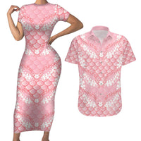 Soft Pink Mermaid Puakenikeni Maile Lei Couples Matching Short Sleeve Bodycon Dress and Hawaiian Shirt