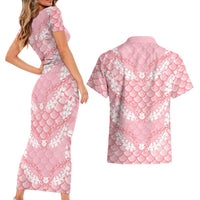 Soft Pink Mermaid Puakenikeni Maile Lei Couples Matching Short Sleeve Bodycon Dress and Hawaiian Shirt