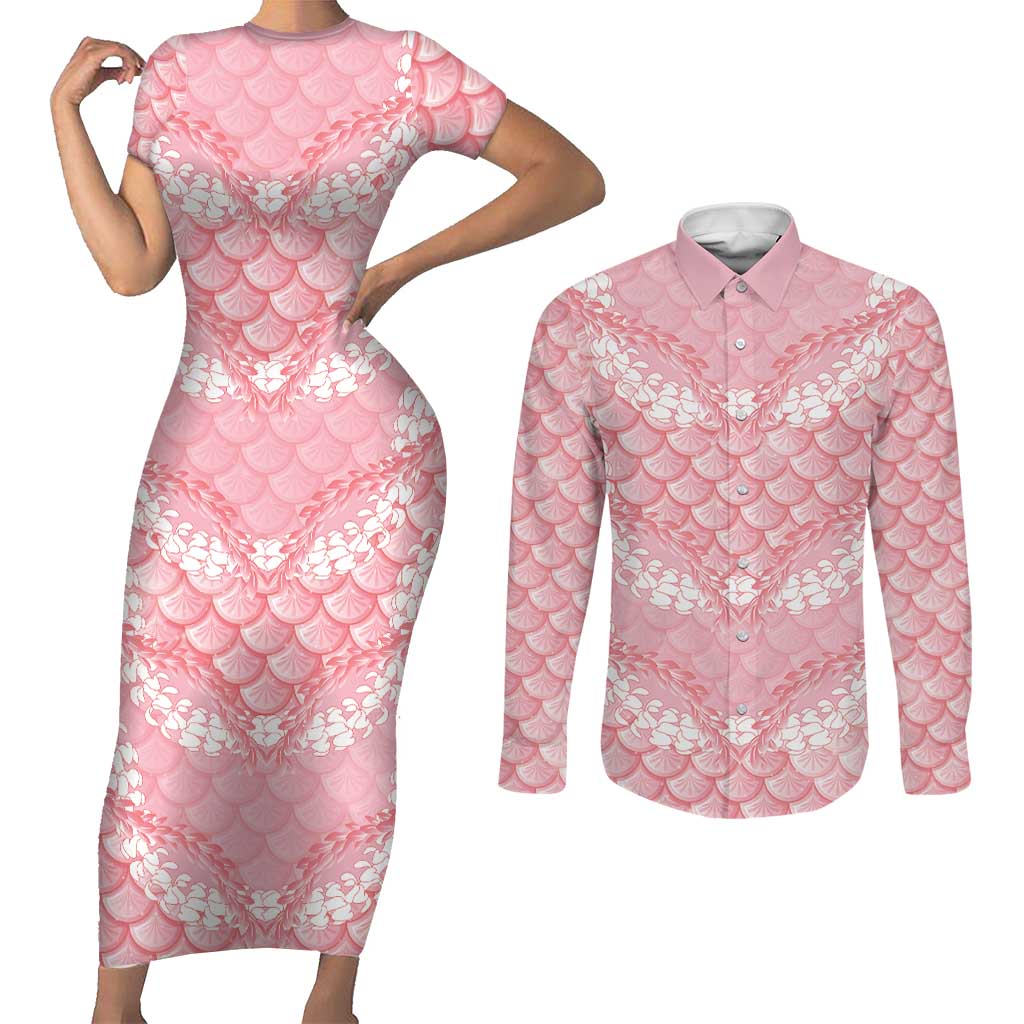 Soft Pink Mermaid Puakenikeni Maile Lei Couples Matching Short Sleeve Bodycon Dress and Long Sleeve Button Shirt