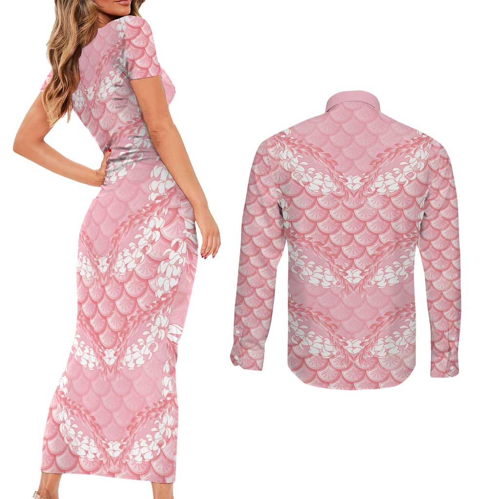 Soft Pink Mermaid Puakenikeni Maile Lei Couples Matching Short Sleeve Bodycon Dress and Long Sleeve Button Shirt