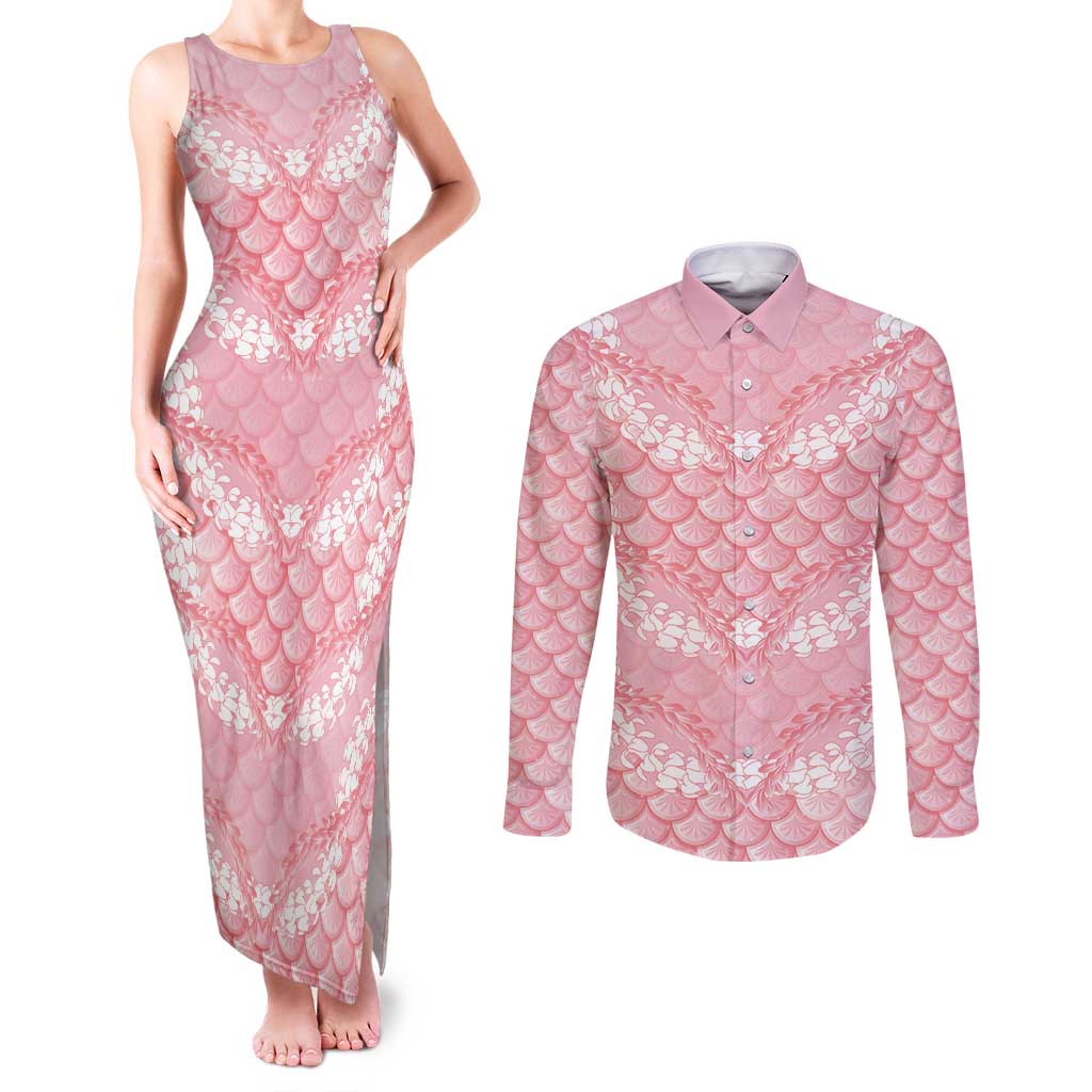 Soft Pink Mermaid Puakenikeni Maile Lei Couples Matching Tank Maxi Dress and Long Sleeve Button Shirt