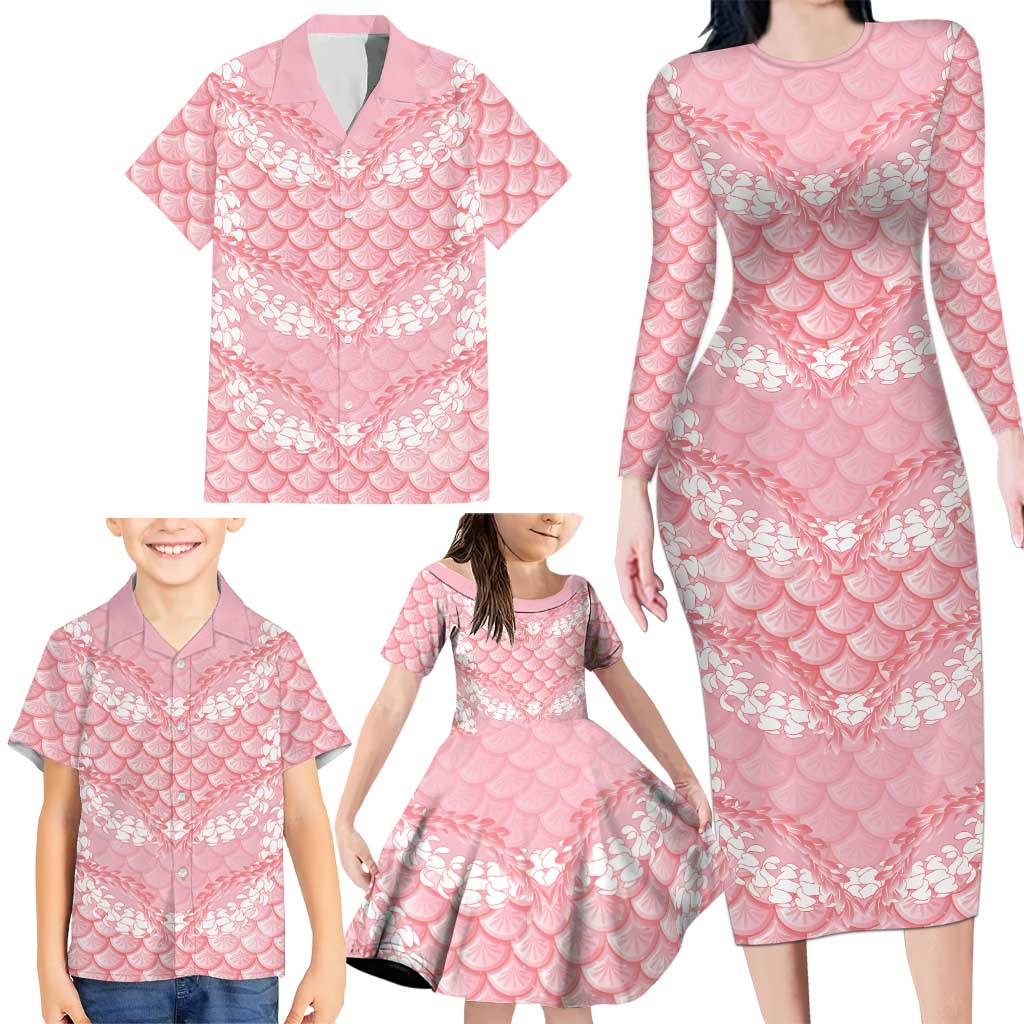Soft Pink Mermaid Puakenikeni Maile Lei Family Matching Long Sleeve Bodycon Dress and Hawaiian Shirt