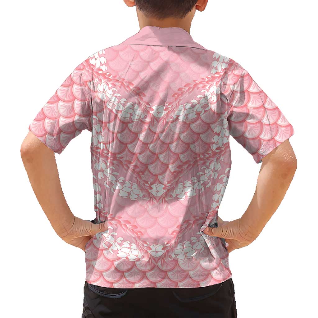 Soft Pink Mermaid Puakenikeni Maile Lei Family Matching Off The Shoulder Long Sleeve Dress and Hawaiian Shirt