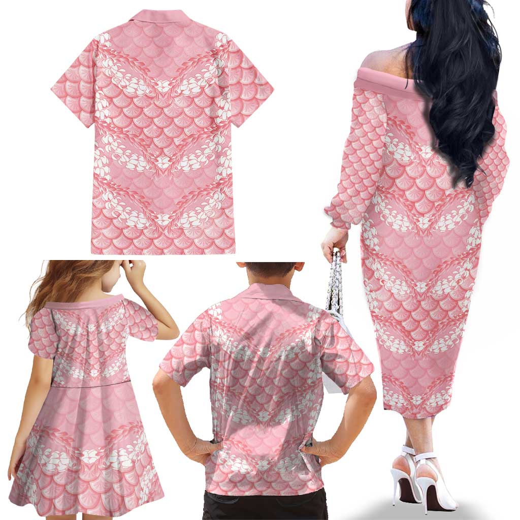 Soft Pink Mermaid Puakenikeni Maile Lei Family Matching Off The Shoulder Long Sleeve Dress and Hawaiian Shirt