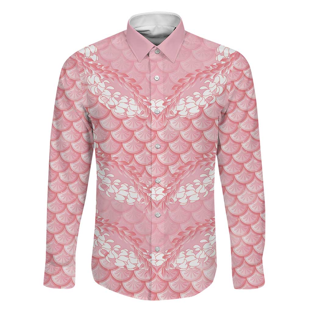 Soft Pink Mermaid Puakenikeni Maile Lei Family Matching Off The Shoulder Long Sleeve Dress and Hawaiian Shirt