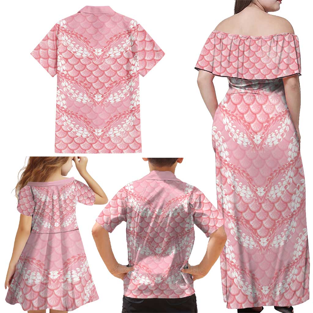 Soft Pink Mermaid Puakenikeni Maile Lei Family Matching Off Shoulder Maxi Dress and Hawaiian Shirt