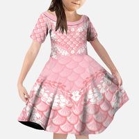Soft Pink Mermaid Puakenikeni Maile Lei Family Matching Off Shoulder Short Dress and Hawaiian Shirt