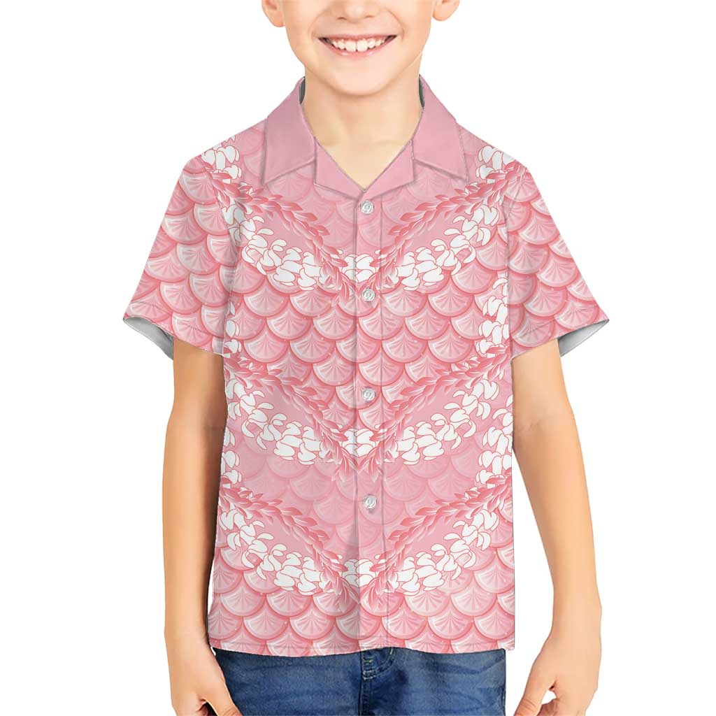 Soft Pink Mermaid Puakenikeni Maile Lei Family Matching Off Shoulder Short Dress and Hawaiian Shirt