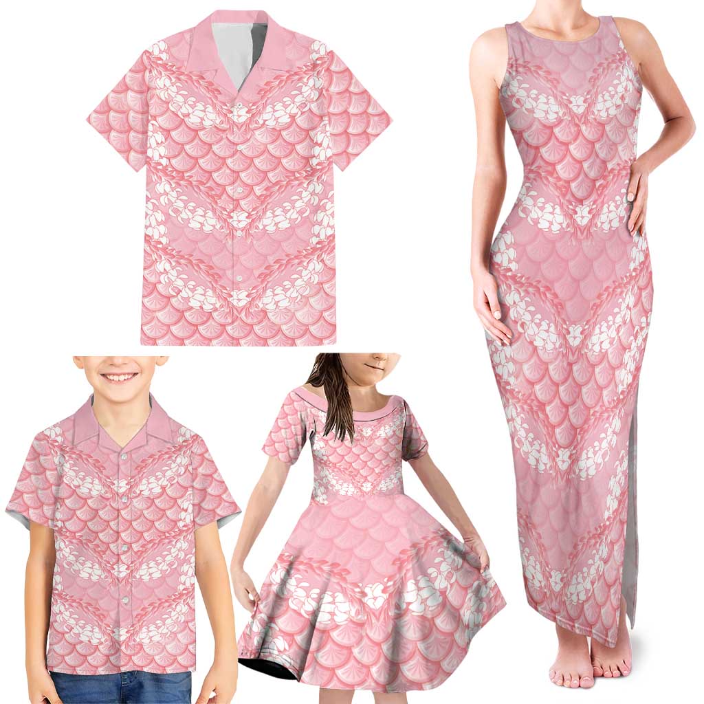 Soft Pink Mermaid Puakenikeni Maile Lei Family Matching Tank Maxi Dress and Hawaiian Shirt